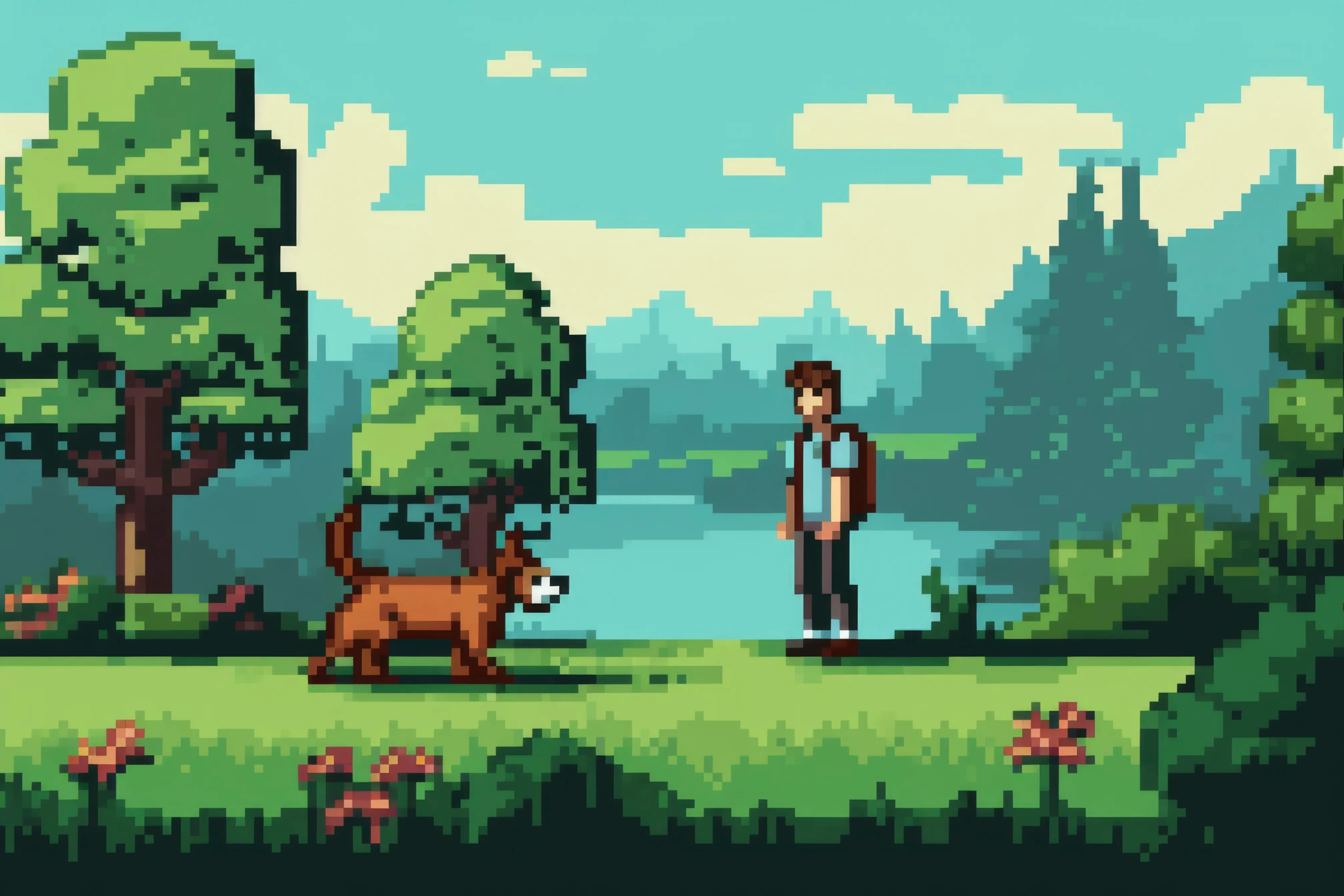 A pixel art scene of a person walking with a dog in a beautiful park landscape