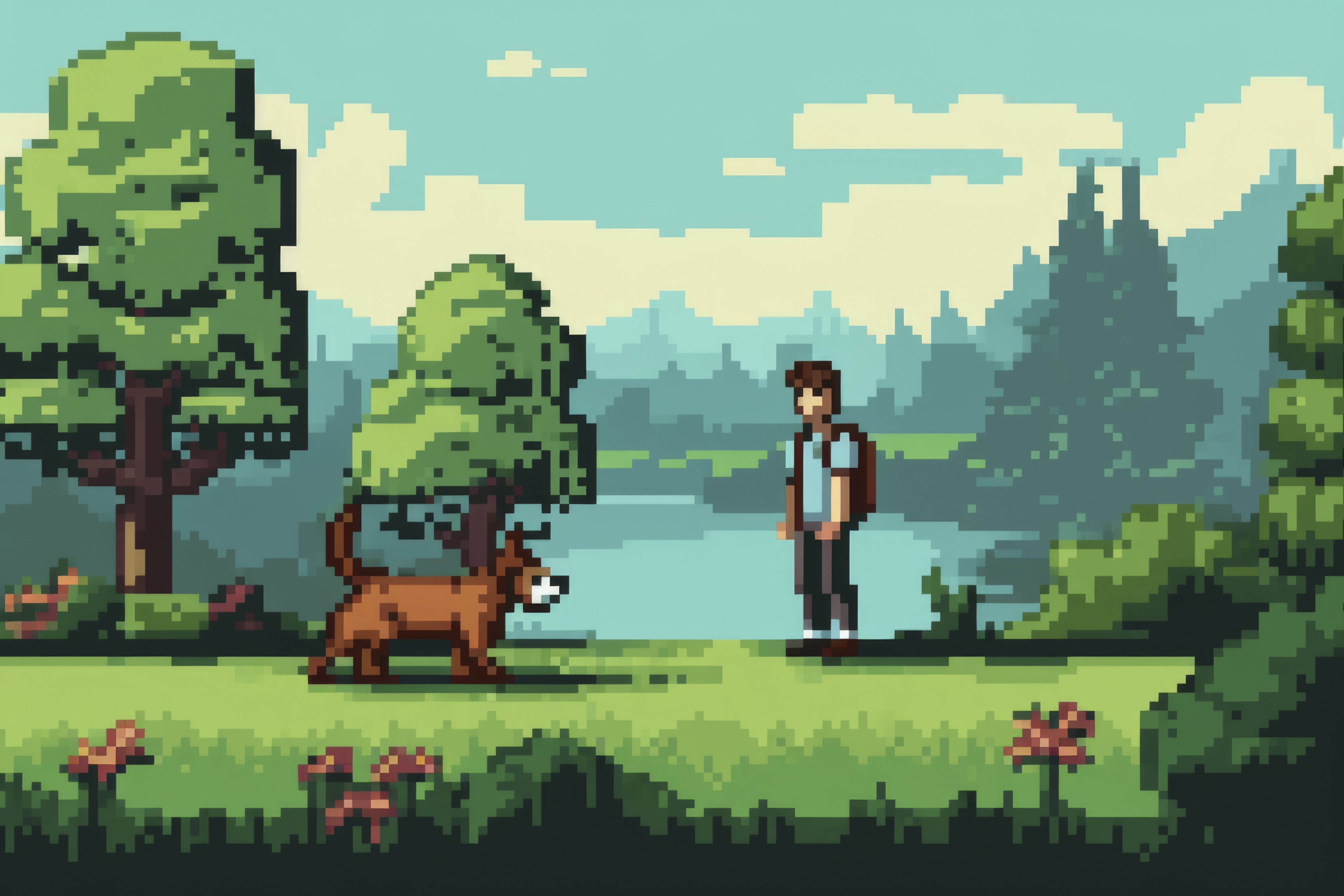 A pixel art scene of a person walking with a dog in a beautiful park landscape