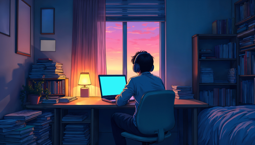 About photo: person working at a laptop at sunset